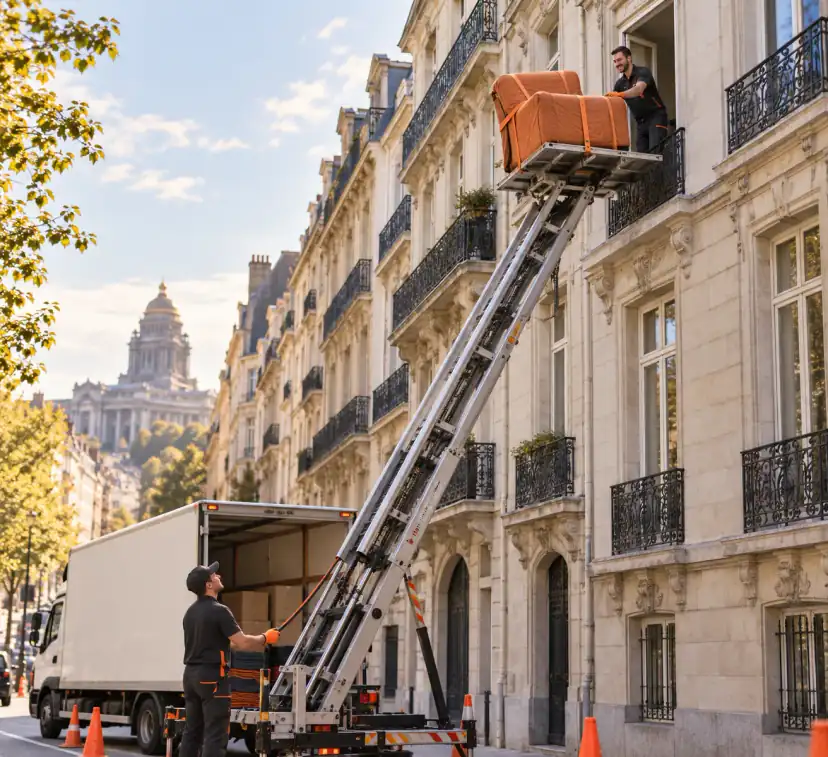 Monte-meubles MoovUp devant une façade bruxelloise